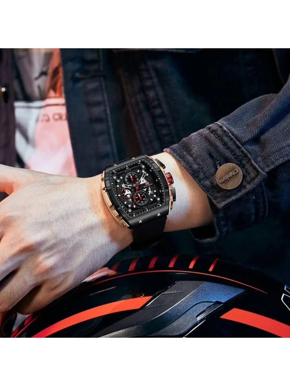Men's Black Silicon Strap Quartz Chronograph Waterproof Luminous Tonneau Watch